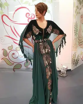 Drak Roheline Maroko Kauhtana Õhtul Kleit V-Kaeluse Põranda Pikkus Suvine Kleit Koos Applique Dubai Moslemi Eriline Tanssiaiset Kleit