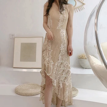 ECRURANI Elegantne Kleit Naistele O Kaela Varrukateta Kõrge Vöökoht Peenike Pits Segast Ebaregulaarne Kleidid Naistel Suve Riided 2021
