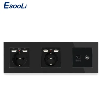 ESOOLI ELI Standard, Must Klaasist Paneel, Kahene Pistikupesa 4 Laadimine USB Port + Telefoni RJ11 Pistik + TV Ühenduspesa 77005