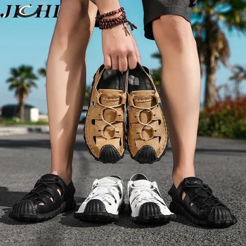 Ehtne nahk suvel meeste kingad mugav luksus meeste vabaaja jalatsid kaetud varbad suvel rannas sandaalid kerge, hingav suurus 48