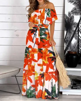 Elegantne Lilleline Trükkimine Pikad Kleidid Naistele 2021 Suvel Ruffled Off-Õla Pits-Up Beach Party Clubwear Vestidos De Mujer
