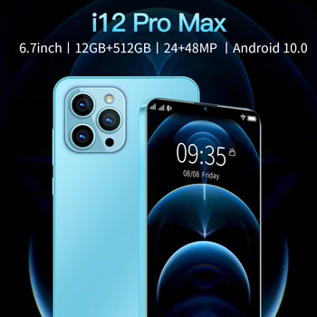 [Esmaesitlus] i12 Pro Max Nutitelefoni Android10 6.7 Tolline HD Ekraan, 5G Mobiiltelefon, 12+512 GB Face ID 5800mAh Dual SIM mobiiltelefon