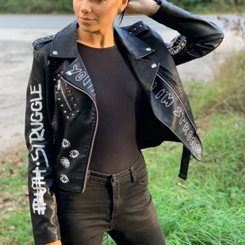 FTLZZ Uus Kevad-Sügis Naiste Faux Nahast Jakid Biker Mantlid Lady Must Neet Tõmblukk Epaulet Prindi Mootorratta Streetwear