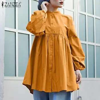 Fashion Muslim Tops Naiste Kevad Tahke Blusas ZANZEA 2021 Naine Elegantne Puhvis Varrukad Ruffle Lace Up Nuppu Pluus