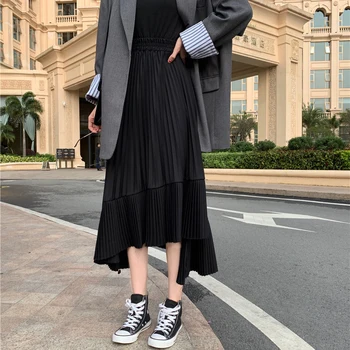GOPLUS Seelik Magus Plisseeritud Seelikud korea Fashion Pikk Midi Must Valge Sifonki Asümmeetriline Seelik Jupe Femme Rokjes Dames C11156