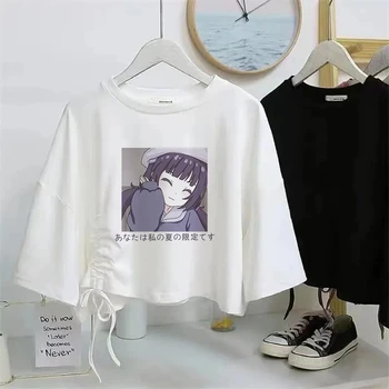 Graafiline Tees Valge T-Särk Naiste 2021 Suvel Crop Top Femme Jaapani Streetwear Anime Harajuku Kawaii Riided Lühike Tshirt