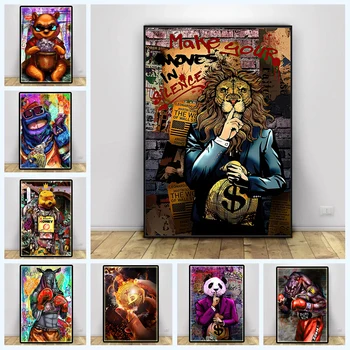 Graffiti Art Raha Dollari Panda Lõvi Õli Maalid Tänapäeva Loomade Lõuend Plakatid Ja Pildid Seina Art Pilt Tuba Home Decor
