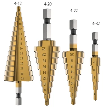 HSS Titaan Kaetud Step Drill Bit Puurimine Power Tools for Metal kiirlõiketerasest Puit Auk Lõikur Samm Koonus Puur Puidutöötlemine