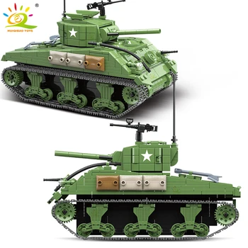 HUIQIBAO Sõjalise Seeria Suur Panzer Tanki ehitusplokid Relva WW2 Sherman M4A1 Armee Tank Arvandmed Linna Tellised Mänguasjad Lastele