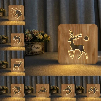 Hai Hobune 3D Hirv Ükssarvik LED Puidust Öö Valguses Õõnes Tabel Lamp USB Power Laua taga Tuled Baby Kids Jõulud Uue Aasta Kingitus