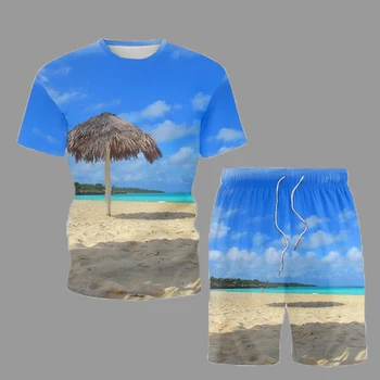 Hawaii Beach Vabaaja Rõivad Suvel Trendikas Lühike Särk Mens Komplekti Põhku Heita Vaade Merele Trükitud Mees Tshirt Püksid 2-osaline Komplekt, 5XL