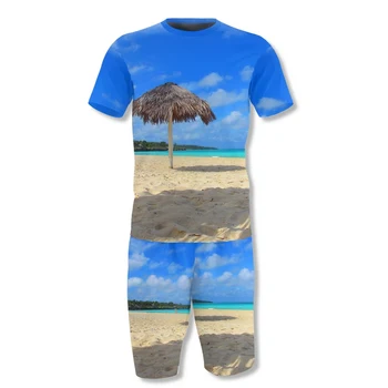 Hawaii Beach Vabaaja Rõivad Suvel Trendikas Lühike Särk Mens Komplekti Põhku Heita Vaade Merele Trükitud Mees Tshirt Püksid 2-osaline Komplekt, 5XL