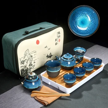 Hiina Tee Komplekt Sinine Kollane Glasuur Keraamiline Jingdezhen temmoku glasuur Peen Set Kung Fu Tee Tassi kaasaskantav Teekann Gaiwan Tee Tassid