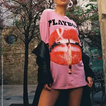 Hip-Hop Roosa Kirjaga Huuled Prindi Vintage Ülepaisutatud T-Särk Naiste Lühikesed Varrukad Lahti Vabaaja Tüdrukud Tops Suvel Pluss Suurus Streetwear