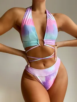 Hot Müük Bikinis Set Ujumistrikoo Naistele Push-Up Bikiinid 2021 Seksikas Supelpüksid Päitsed Sidemega Trikoo Tie-Dye Mitmevärviline Biquini