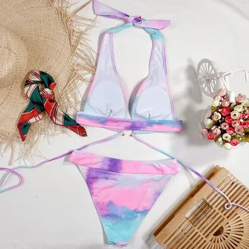 Hot Müük Bikinis Set Ujumistrikoo Naistele Push-Up Bikiinid 2021 Seksikas Supelpüksid Päitsed Sidemega Trikoo Tie-Dye Mitmevärviline Biquini