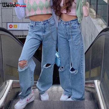 Imelik Puss Y2K Harajuku Kirja Auk Püksid Naiste Kõrge Vöökoht Teksad Sirge Ahelaga Hip-Hop Denim Vabaaja Kottis Püksid Streetwear