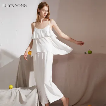 JUULI LAULU Viskoos Naiste Pidžaama Vabaaja Turn-down) Krae Sleevess Sleepwear Naine Valge Kevad-Suvel Pyjama Femme Nightwear