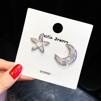Jaapan korea fashion ehted luxury crystal tsirkoon kõrvarõngad asümmeetrilise tähed, kuu kõrvarõngad pulmapidu kõrvarõngas naistele