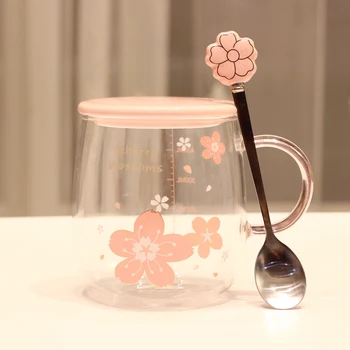Jaapani Stiilis Klaasist Kruus Armas Roosa Kawaii Drinkware Piim Kohv Tassi Köögi -, Kontori-Õrn Lusikas Kaanega Cherry Blossom Kruus 500ml