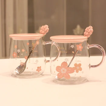 Jaapani Stiilis Klaasist Kruus Armas Roosa Kawaii Drinkware Piim Kohv Tassi Köögi -, Kontori-Õrn Lusikas Kaanega Cherry Blossom Kruus 500ml