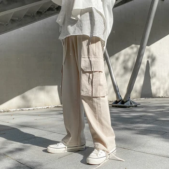 Jaapani Streetwear Puuvillast Voodipesu Sirge Tunked Harajuku Vabaaja Cargo Püksid Meeste Riided Korea, Hip-Hop Paar Püksid 117765