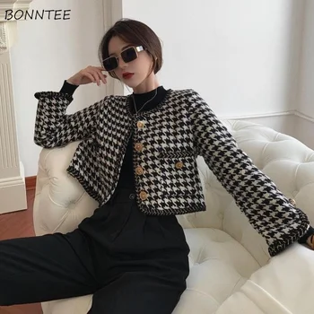 Jakid Naiste Kevad korea Stiilis Pikad Varrukad Houndstooth Elegantne Naiste Lühikesed Nupud Vintage Põhi-O-kaeluse Office Streetwear