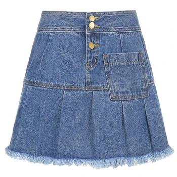 Juhuslik Kõrge Vöökoht Plisseeritud Jeans Seelik Naiste Suvel Vintage Puuvill Lühike Mini Seelikud korea Fashion Y2K 90s Streetwear