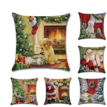 Jõulud Armas Koer Prindi Padi Cartoon Santa Claus Muster Diivan Kodu Sisustamiseks Pehme Padi Juhul 45x45cm 74792