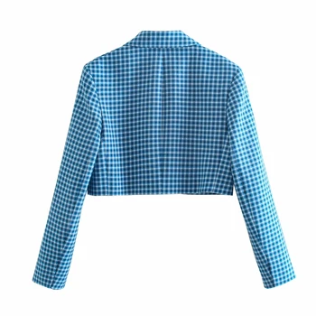 Kevadel Za Naiste Ülikond Sinine Ruuduline Tweed Sobib Naiste Amet Sobiks Seelik Mini Seelikud Kõrge Vöökoht Pikad Varrukad 2-osaline Komplekt, Pintsak