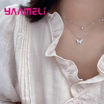 Korea 925 Sterling Hõbe Flash Diamond Liblikas Double Layer Kaelakee Naiste jaoks Lihtne Crystal Elegantne Pulm Ehteid Kingitused 107456