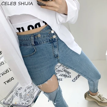 Korea Ebaregulaarne Denim Teksad Naine, Elastne Kõrge Vöökoht Auk Pliiats Püksid Naine Streetwear Riided Suve Sinised Skinny Teksad Naine