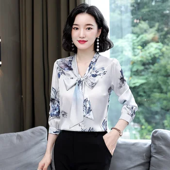 Korea Fashion Silk Naiste Pluusid Vibu Office Lady Blusas Largas Satiin Lill Särk Naiste Lahtised Naiste Topid ja Pluusid