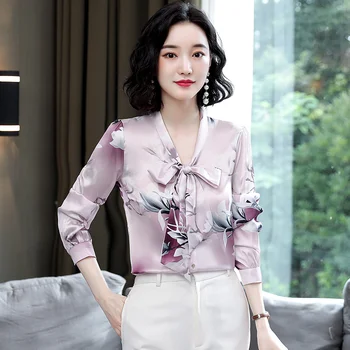 Korea Fashion Silk Naiste Pluusid Vibu Office Lady Blusas Largas Satiin Lill Särk Naiste Lahtised Naiste Topid ja Pluusid