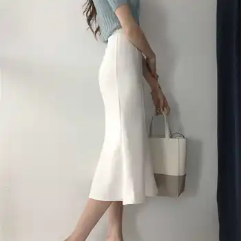 Korea Fashion Suvel Seelikud Stiilne, Elegantne Õhuke Valge Kõrge Vöökoht Merineitsi Pikk Seelik Naiste Office Lady Ruffles Wrap Hip Faldas