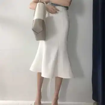 Korea Fashion Suvel Seelikud Stiilne, Elegantne Õhuke Valge Kõrge Vöökoht Merineitsi Pikk Seelik Naiste Office Lady Ruffles Wrap Hip Faldas
