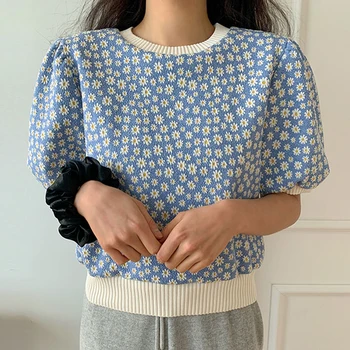Korea Stiilne Armas Puhvis Varrukad Vähe daisy O-kaeluse Pullover Topid Naistele Suvel Uus Temperament Õhuke Trendikas Kampsun