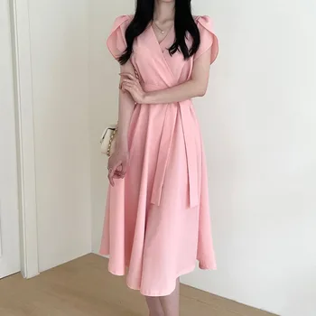Korea Stiilne Naiste Kleit 2021 Suvel Uus Elegantne Risti V-Kaeluse One-Piece Pits-Up Talje Salenemisele Lühikeste varrukatega Midi Tahke Kleidid