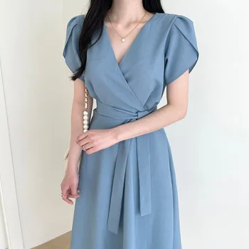 Korea Stiilne Naiste Kleit 2021 Suvel Uus Elegantne Risti V-Kaeluse One-Piece Pits-Up Talje Salenemisele Lühikeste varrukatega Midi Tahke Kleidid