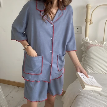 Korea Tahke Suvel Pidžaama Komplekt Naised Ühe Karavan Särgid, Topid + Lühikesed Püksid Set Vabaaja Puuvillane Kodu Sobiks Taskud Homewear
