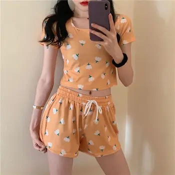 Korea Tüdruku Pidžaama 2021 Uus Suvi Kawaii Flower Print Pidžaamad Armas Pluss Suurus Pijamas Magus Kahe Töö Seab Pehme Kodu Ülikond