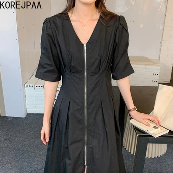 Korejpaa Naiste Kleit 2021 Suvel Korea Temperament Elegantsed Daamid V-Kaeluse Tõmblukk Disain Plisseeritud Talje Mull Varrukad Vestidos