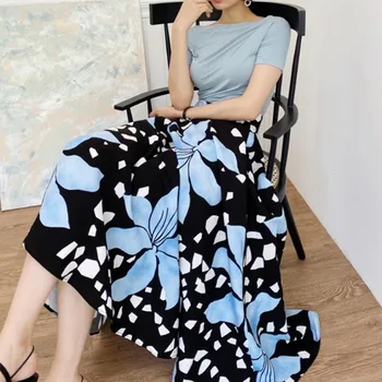 Korejpaa Naiste Kleit Komplektid 2021 korea Elegantne Sõna Krae Lühikeste varrukatega Alt T-särk ja Kõrge-waisted Suur Lill Pikk Seelik 13632