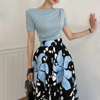 Korejpaa Naiste Kleit Komplektid 2021 korea Elegantne Sõna Krae Lühikeste varrukatega Alt T-särk ja Kõrge-waisted Suur Lill Pikk Seelik