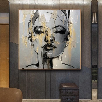Kuldne Tüdruk Nägu Lõuendil Maali Joonis Abstraktselt, Naiste Seina Art Plakatid ja Pildid Seina Pilt elutuba Decor 141113