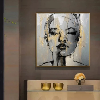 Kuldne Tüdruk Nägu Lõuendil Maali Joonis Abstraktselt, Naiste Seina Art Plakatid ja Pildid Seina Pilt elutuba Decor