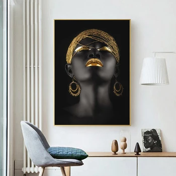 Kulla Värvi Kunsti Lõuend Print Maali Aafrika Lady Naiste Must Nahk Kaasaegne Elutoa Seina Pilt Kodu Kaunistamiseks Plakat 86683