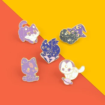 Kuu Kass Emailiga Pin-Lilla Wizard Hat Wild Nõid Crystal Space Kass Tiiva Kassipoeg Prossid Magic Ehted Naistele