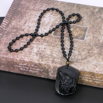 Käsitsi Nikerdatud Loomulik Tõeline Obsidian Kisades Hunt Pea Amulett Ripats Kaelakee 174106