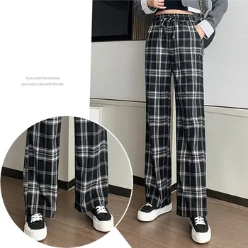 Kõrge vöökoht retro, ruuduline püksid naiste suvel uus stiil korea nöör lahti sirge jalg vabaaja draped ruuduline lai jalg püksid